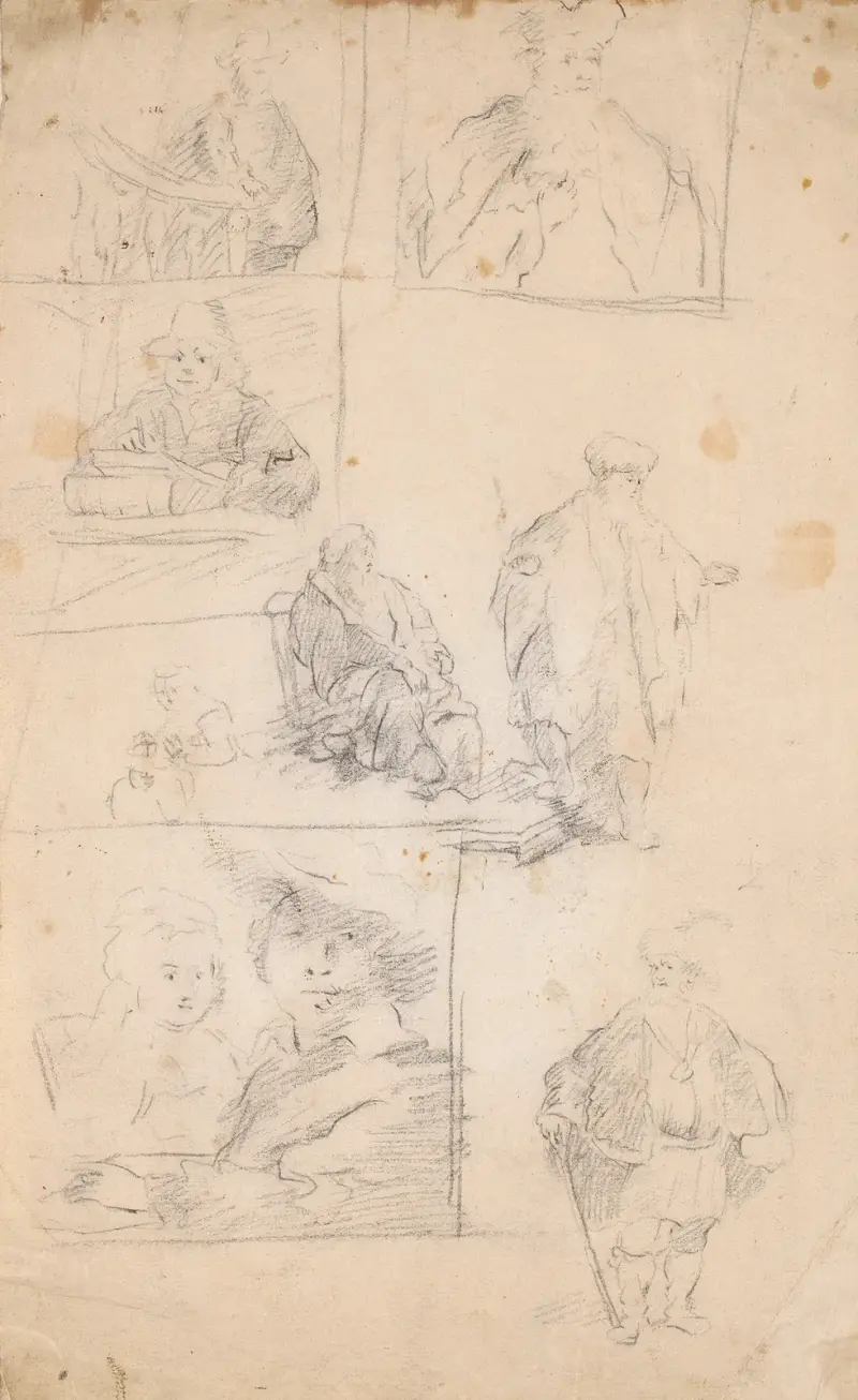 Blad med kopior efter etsningar av Rembrandt av Sir Joshua Reynolds