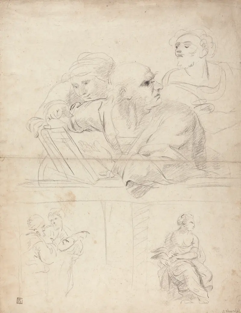 Blad med figurstudier från Rafaels Disputation av Sir Joshua Reynolds