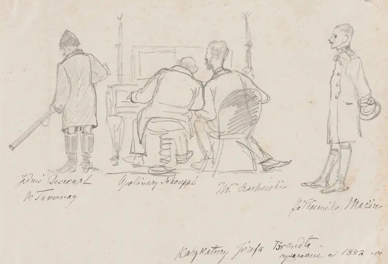 Caricatures of guests in Orońsko; Józef Deskur, Alfred Schouppé, Władysław Czachórski and colonel Mazin av Jozef Brandt