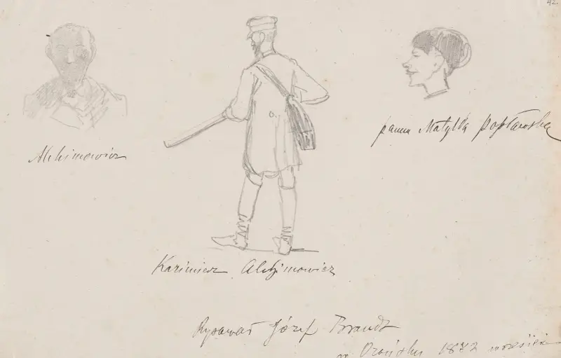 Caricatures of guests in Orońsko; Kazimierz Alchimowicz twice and Matylda Popławska av Jozef Brandt