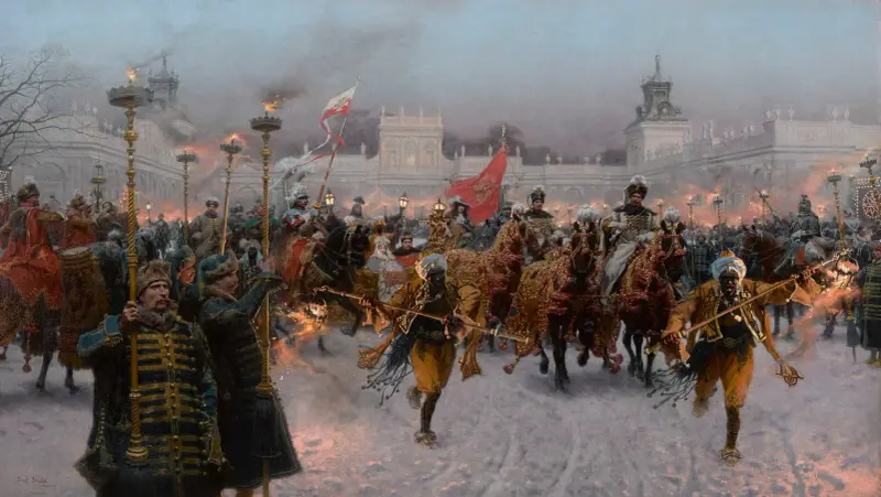 Johan III Sobieskis och Marysieńka Sobieskas avfärd från Wilanów av Jozef Brandt