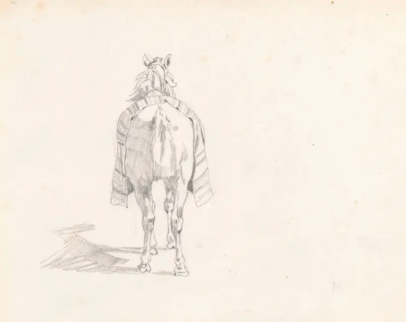 Horse covered with saddlecloth, from the back, study for the painting “Return from the horse fair” av Jozef Brandt