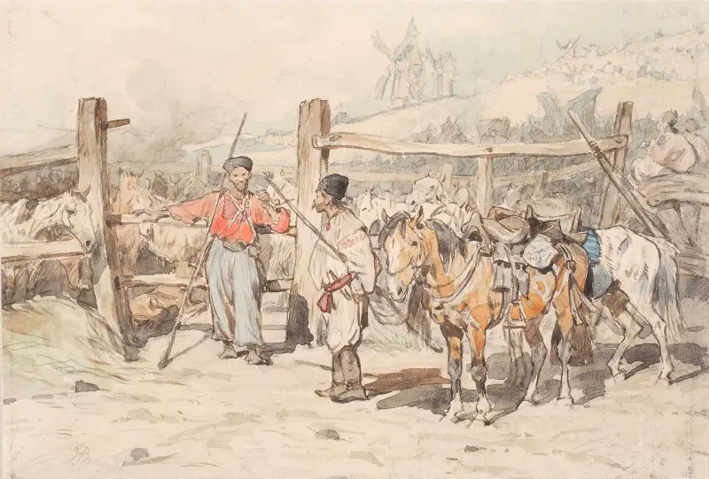 Horse herd watchers in Balta av Jozef Brandt