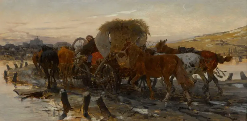 Jews leading horses to the market av Jozef Brandt