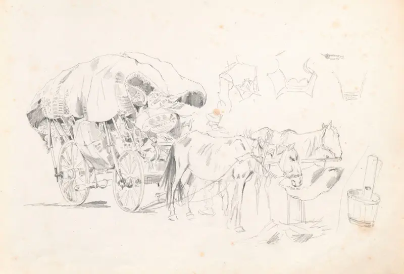 Loaded farm cart, two unharnessed horses av Jozef Brandt