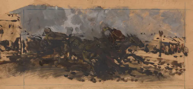 Studie av ett galopperande spann till målningen ”Trójka” från 1875 av Jozef Chelmonski