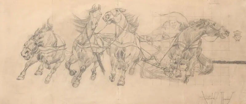 Studie galoppierender Pferde im Gespann, Skizze zum Gemälde „Czwórka“ von 1880 von Jozef Chelmonski