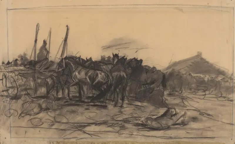 Pferdemarkt, Skizze zum Gemälde „Pferdemarkt in Bałta“ von 1879 von Jozef Chelmonski