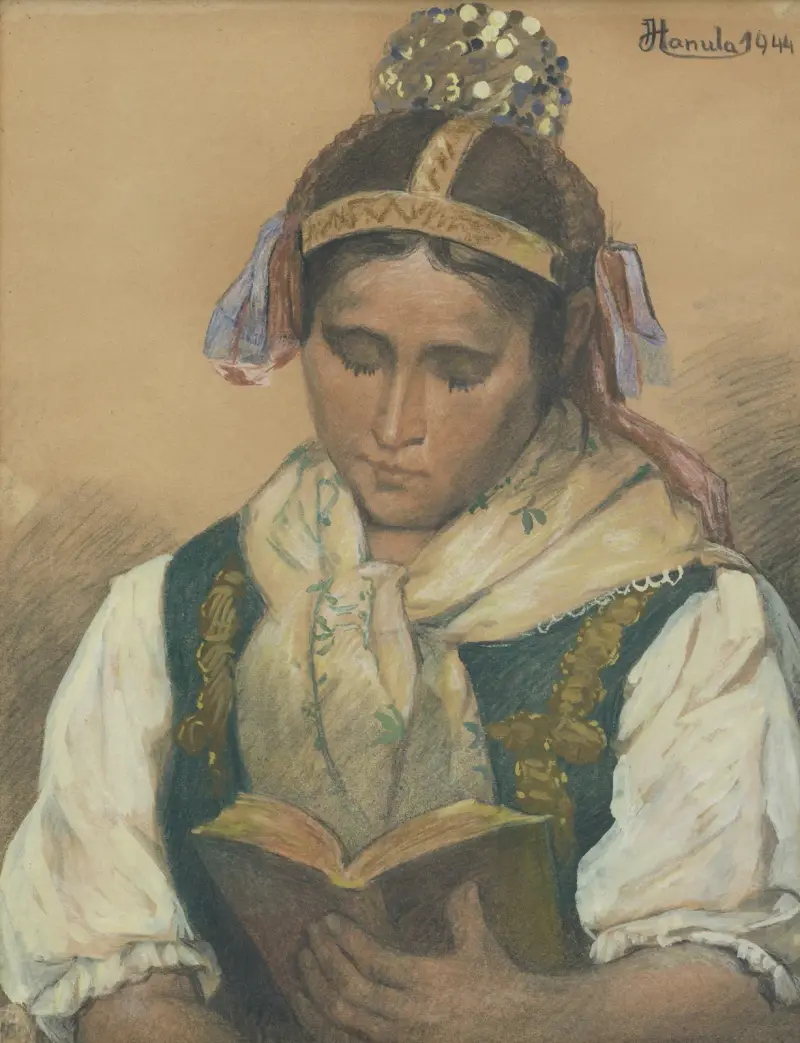 Reading in traditional costume av Jozef Hanula