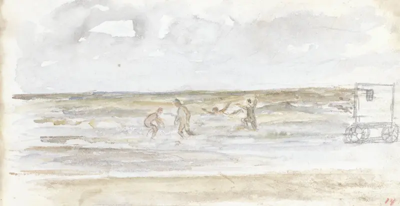 Baders in zee en een strandkoets av Jozef Israëls