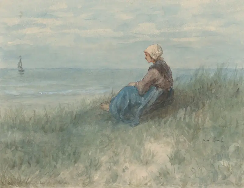 En kvinna sitter på en sanddyna och ser ut mot havet av Jozef Israëls