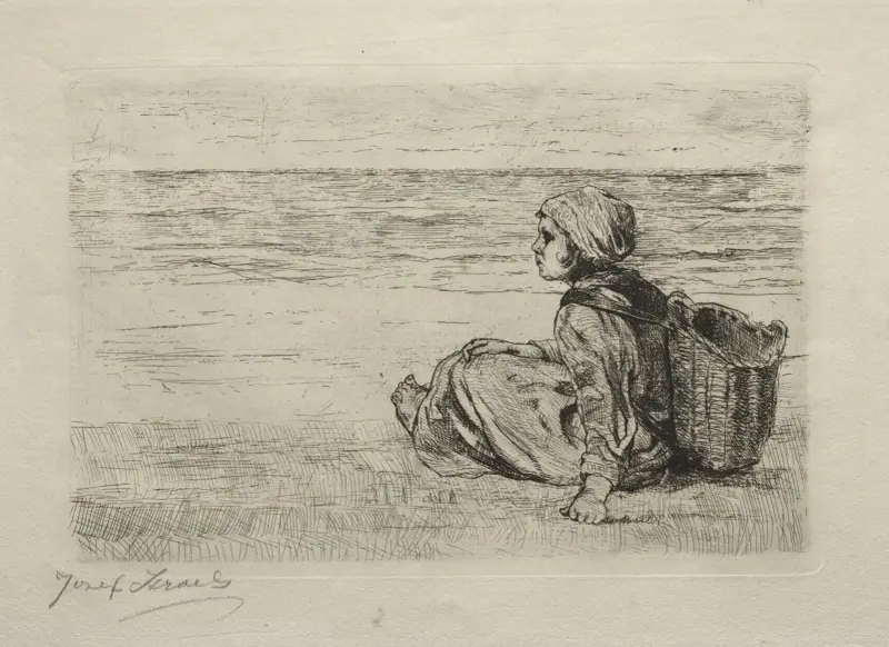 Flicka med korg sittande på stranden av Jozef Israëls