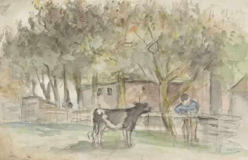 Landschap met een koe en een boer av Jozef Israëls