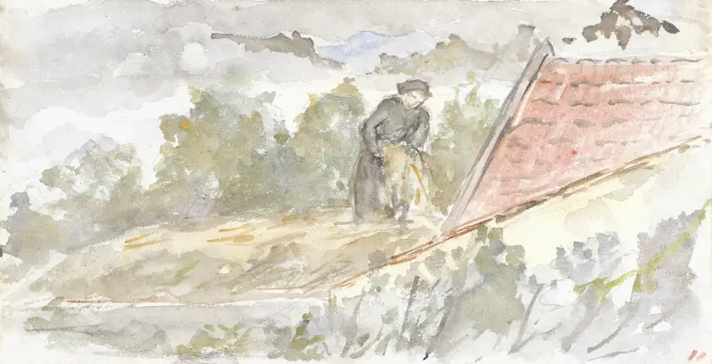 Landschap met vrouw en dak van een huis av Jozef Israëls