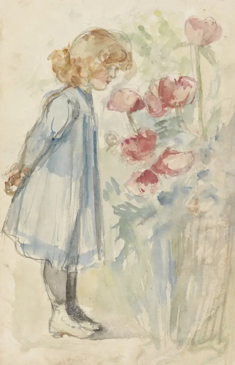 Stående flicka i blomsterträdgård av Jozef Israëls