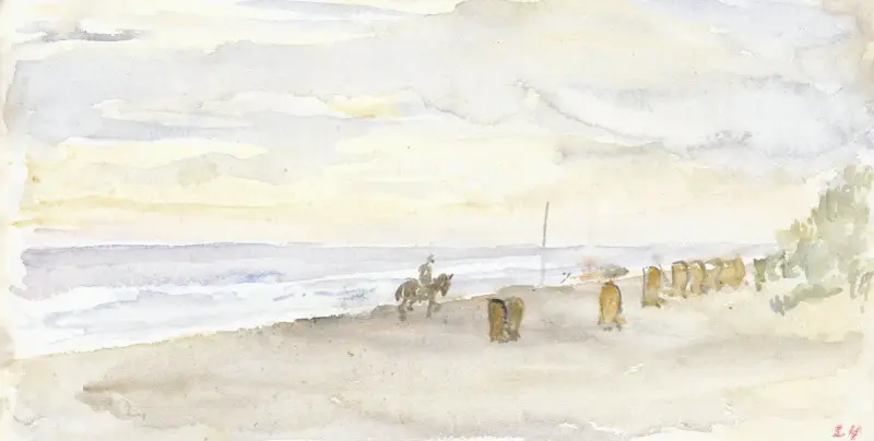 Strandgezicht met ruiter en badstoelen av Jozef Israëls