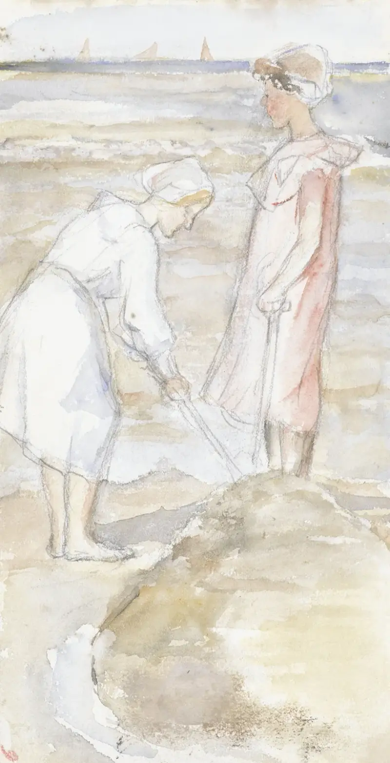 Två flickor i rosa och vitt på stranden av Jozef Israëls