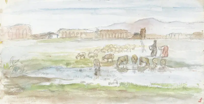 Vlakte met schapen, op de achtergrond ruïnes van een aquaduct av Jozef Israëls