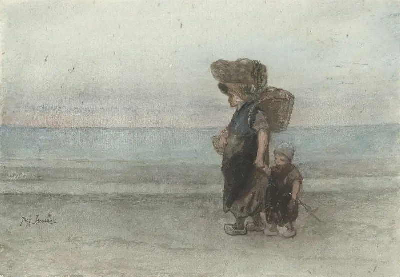Kvinna med barn, gående på stranden av Jozef Israëls