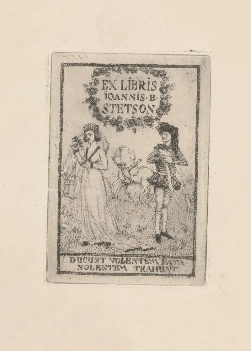 Ex libris för Ioannis B. Stetson – ducent violentem fata nolentem trahunt av Józef Mehoffer