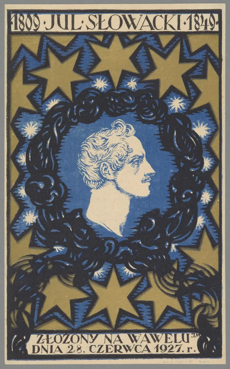 Fönsterdekal för högtidligheten vid Juliusz Słowackis jordfästning på Wawel den 28 juni 1927 av Józef Mehoffer