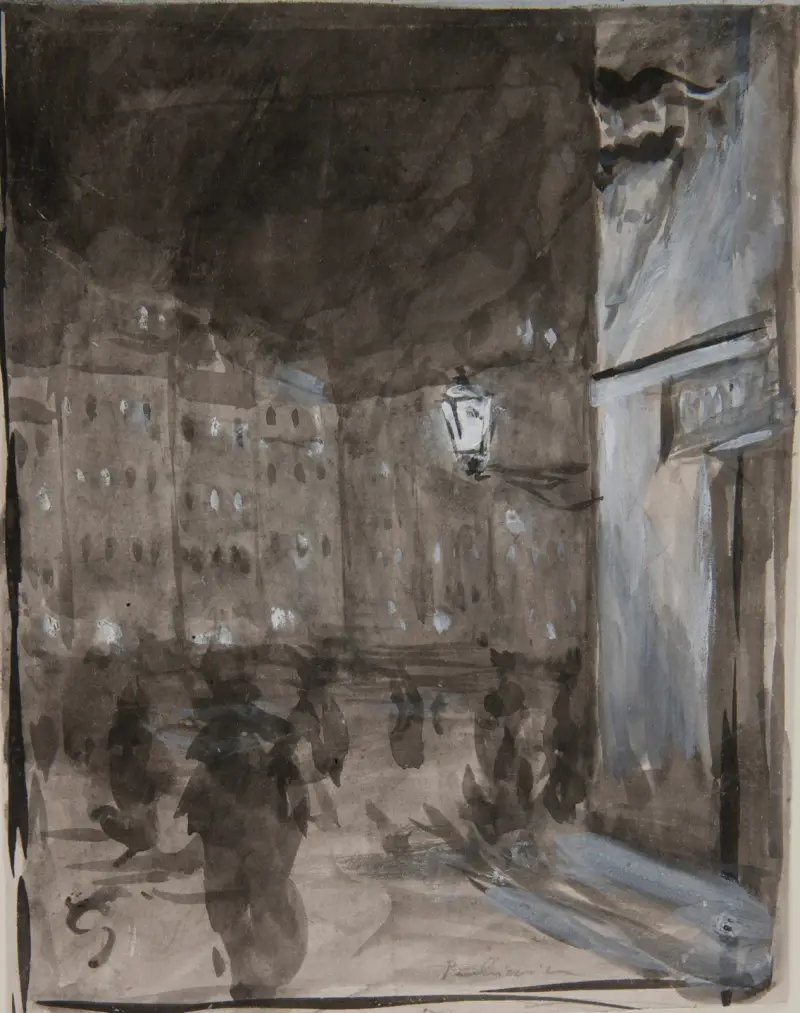 Old Town Market Square in Warsaw at night (study of the motif for the oil painting) av Józef Pankiewicz