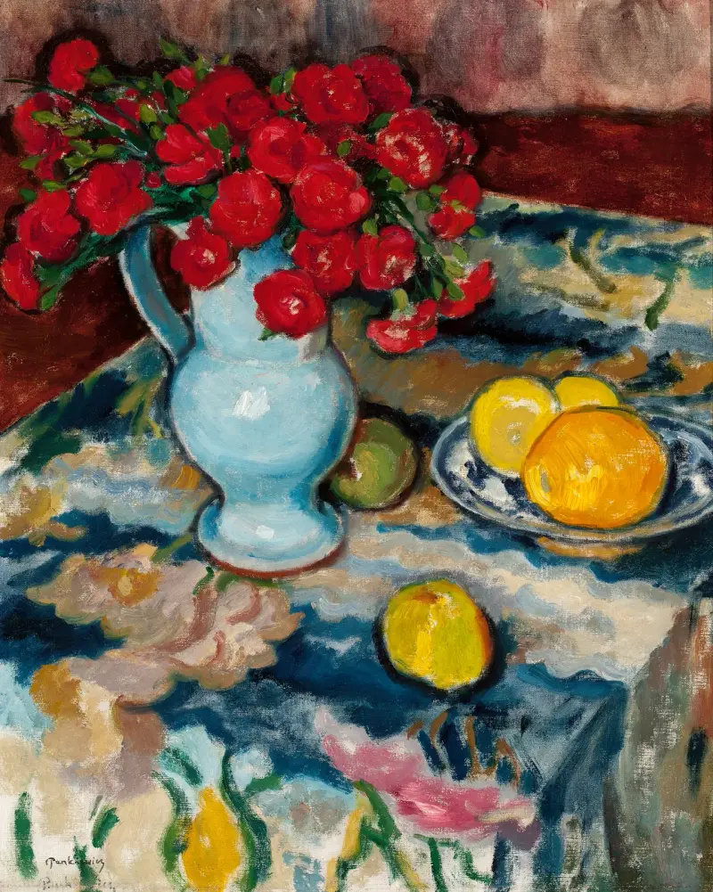Rote Nelken (Stillleben mit blauer Vase) von Józef Pankiewicz