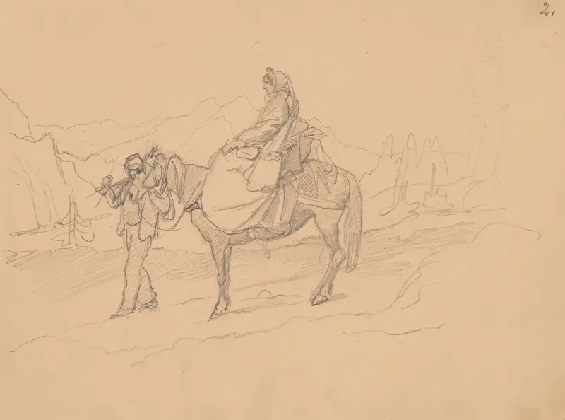 A woman on a horse led by a man in fez av Józef Simmler
