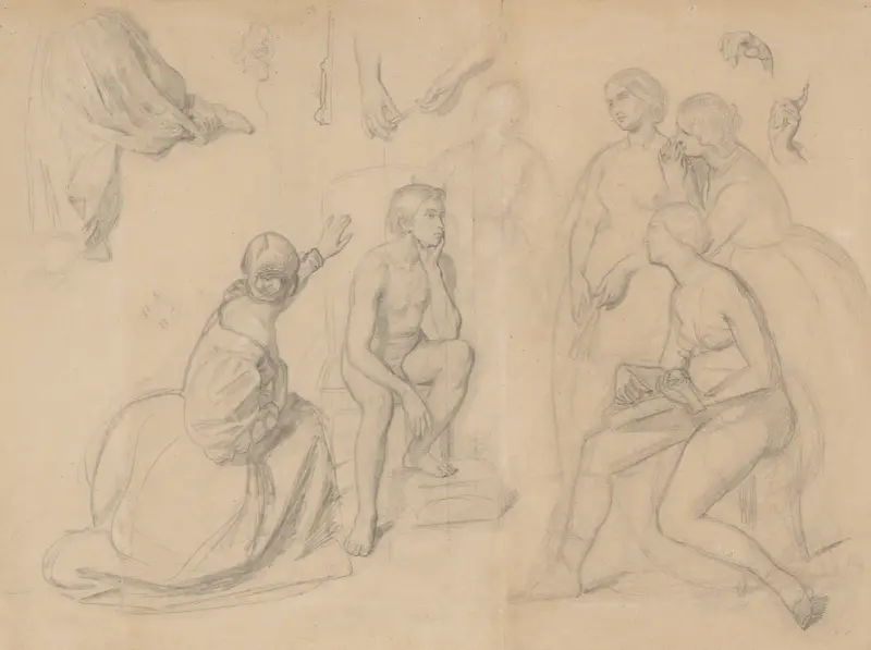 Fragment einer Komposition mit der Prinzenfigur und den um ihn versammelten Damen, für das Gemälde ‚Die Erziehung des Sigismund August‘ von Józef Simmler
