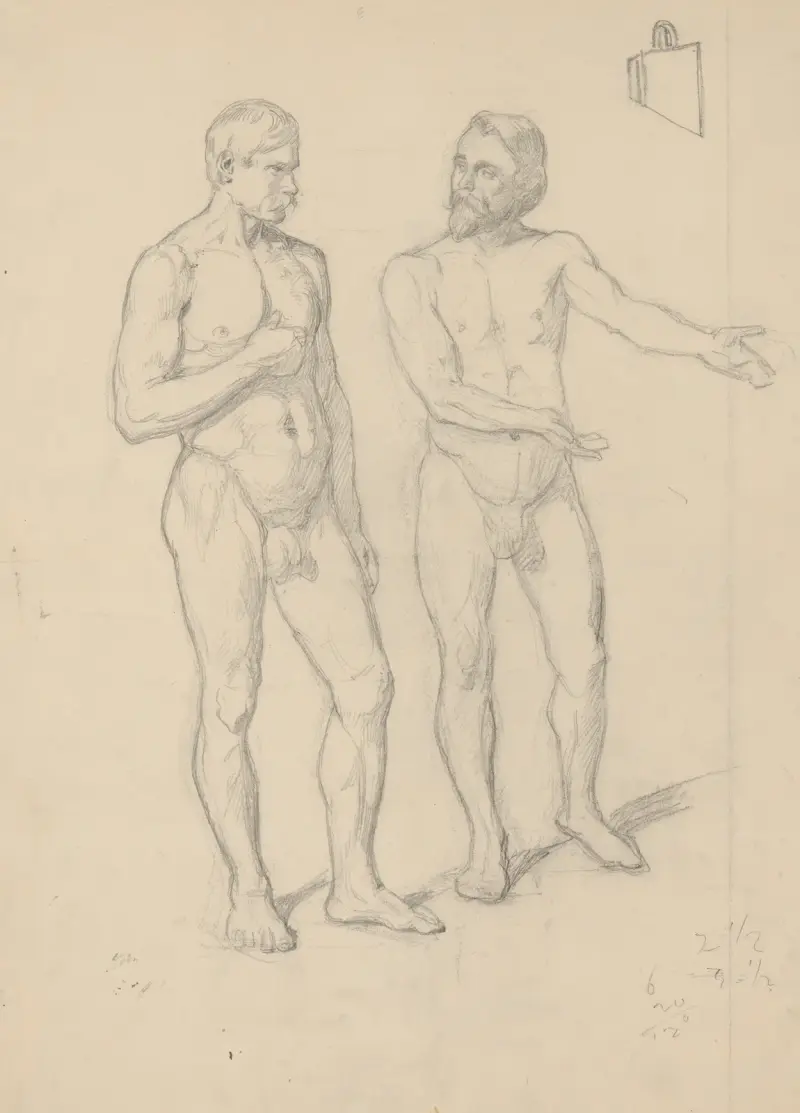 Aktstudien der Figur von König Sigismund I. und Hetman Tarnowski im Gemälde „Die Erziehung Sigismund Augusts“ von Józef Simmler