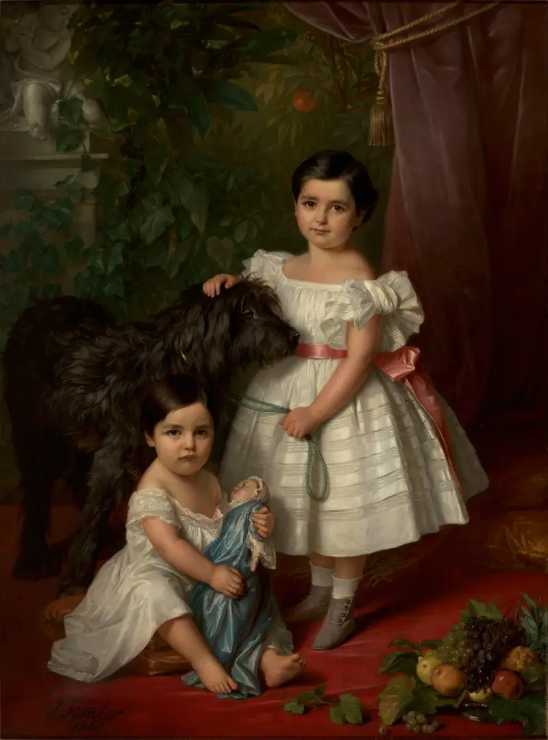 Portrait of Maria Róża Kronenberg and Róża Maria Karolina Kronenberg with a dog av Józef Simmler