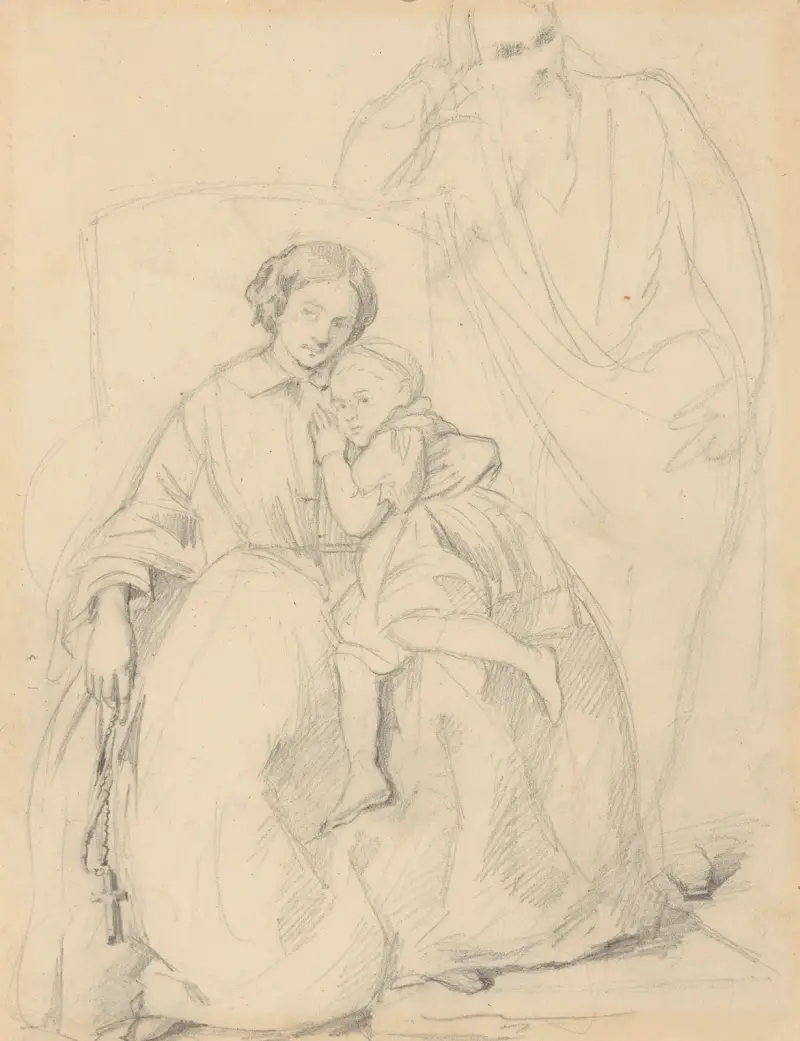 Sketch of Catherine Jagiellon with son Sigismund and John, Grand Duke of Finland, to the painting ‘Catherine Jagiellon in Gripsholm Prison’ av Józef Simmler