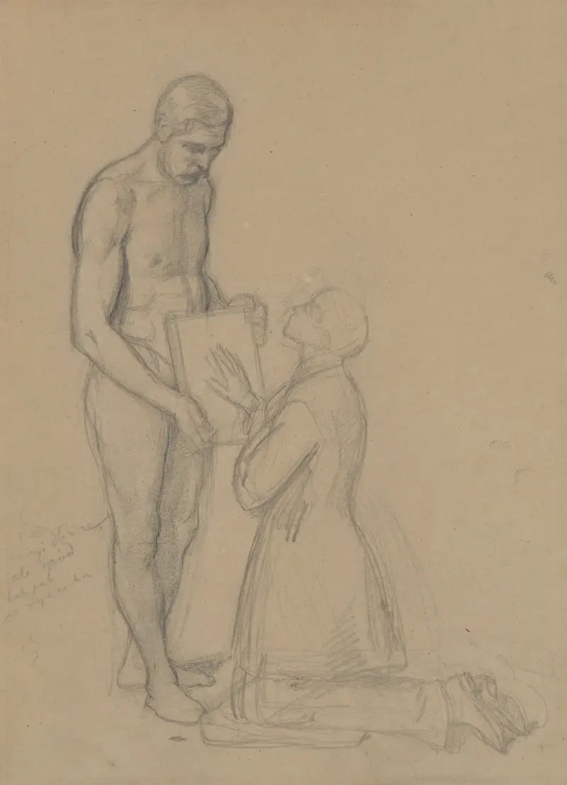 Skizze der Figuren der Königin Jadwiga und Jaśko von Tęczyn für das Gemälde „Der Eid der Königin Jadwiga“ von Józef Simmler