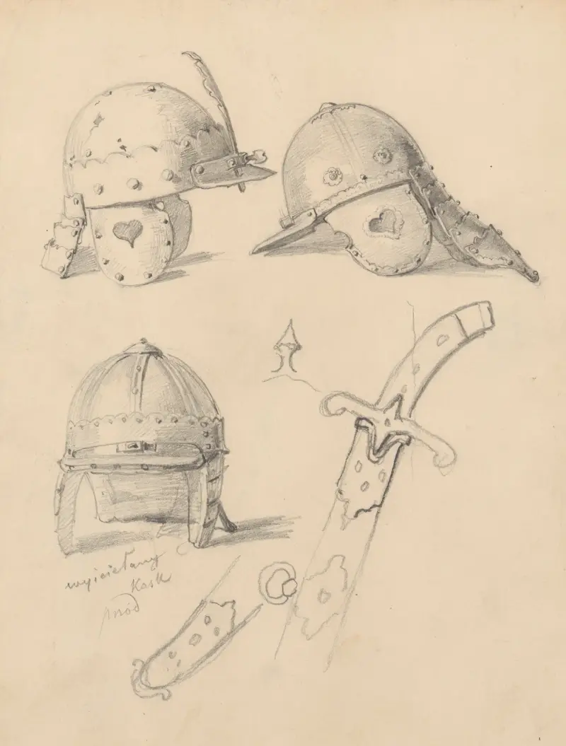 Studier av husarhjälmar och fragment av sablar av Józef Simmler