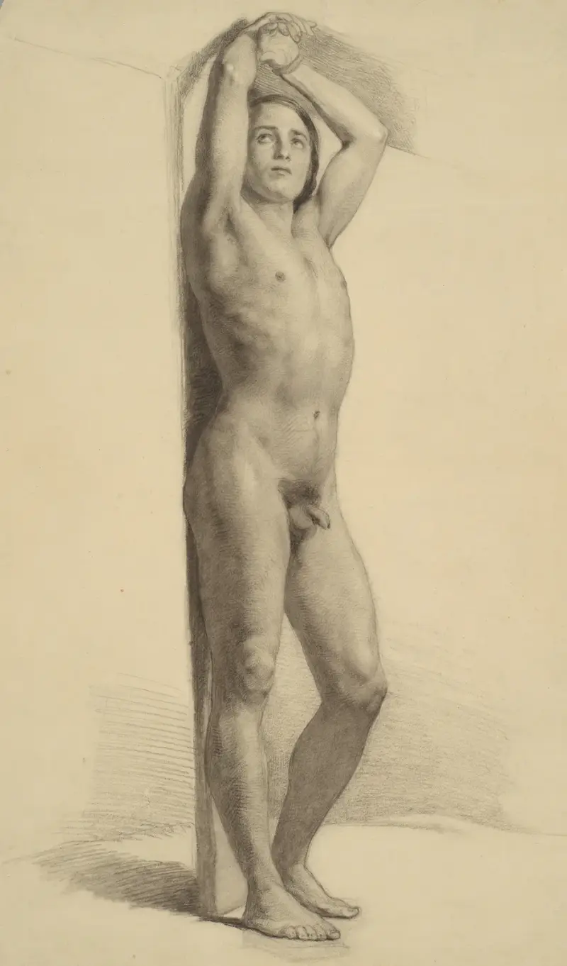 Studie av naken man för figuren St. Sebastian av Józef Simmler