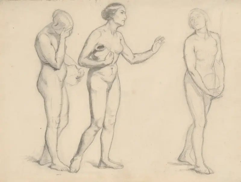 Studie weiblicher Aktfiguren zu den drei Marien für das Gemälde „Die drei Marien“ von Józef Simmler
