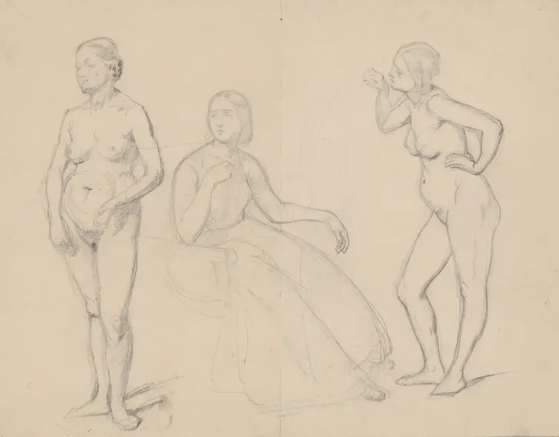 Studie der Figur der Königin Bona und zwei Aktstudien der Hofdamen für das Gemälde „Die Erziehung des Sigismund August“ von Józef Simmler