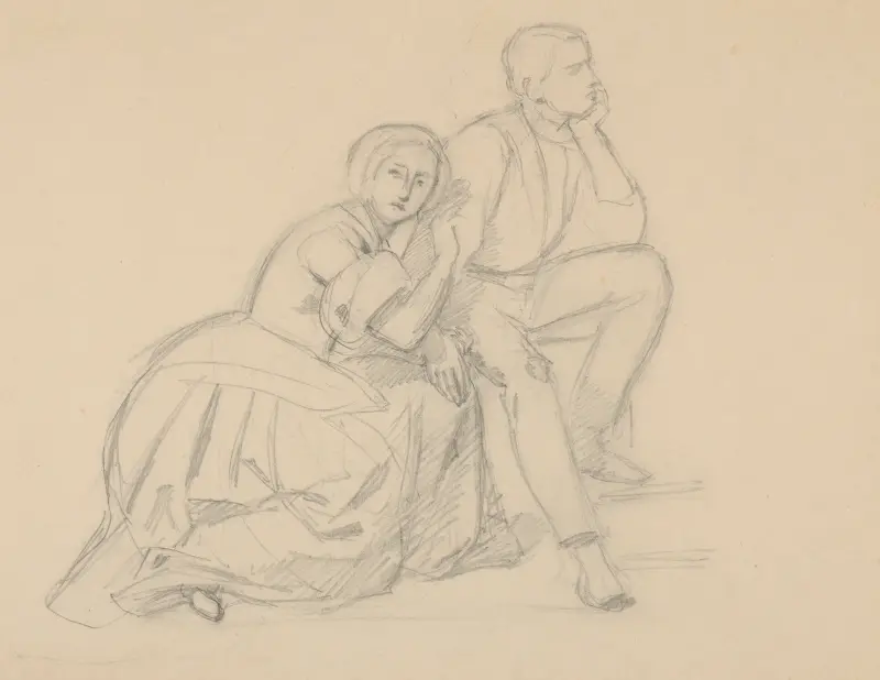 Study of the Prince and a Kneeling Lady for the Painting ‘The Upbringing of Sigismund Augustus’ av Józef Simmler