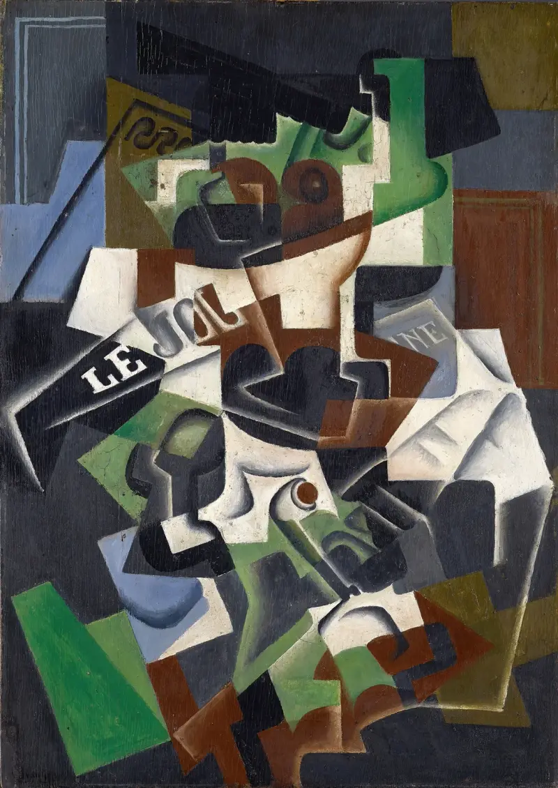 Fruit bowl, pipe and newspaper av Juan Gris