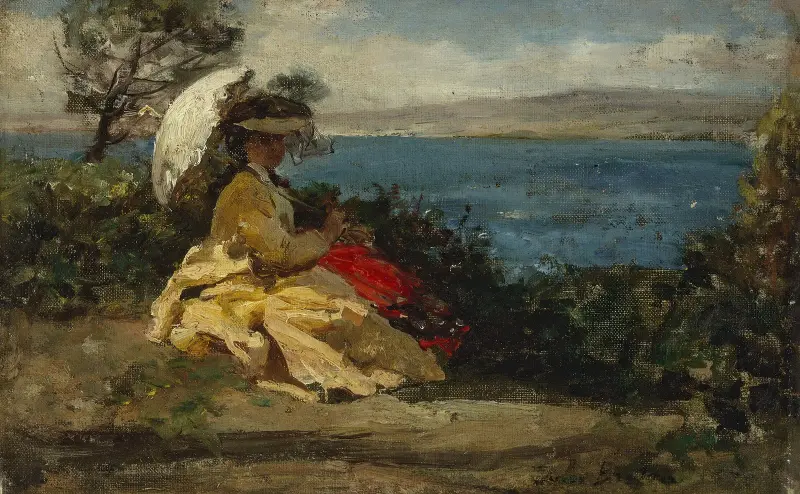 Kvinna med parasoll, Douarnenez-bukten av Jules Breton