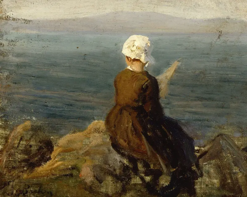 Spinnande kvinna på klipporna vid Douarnenez av Jules Breton
