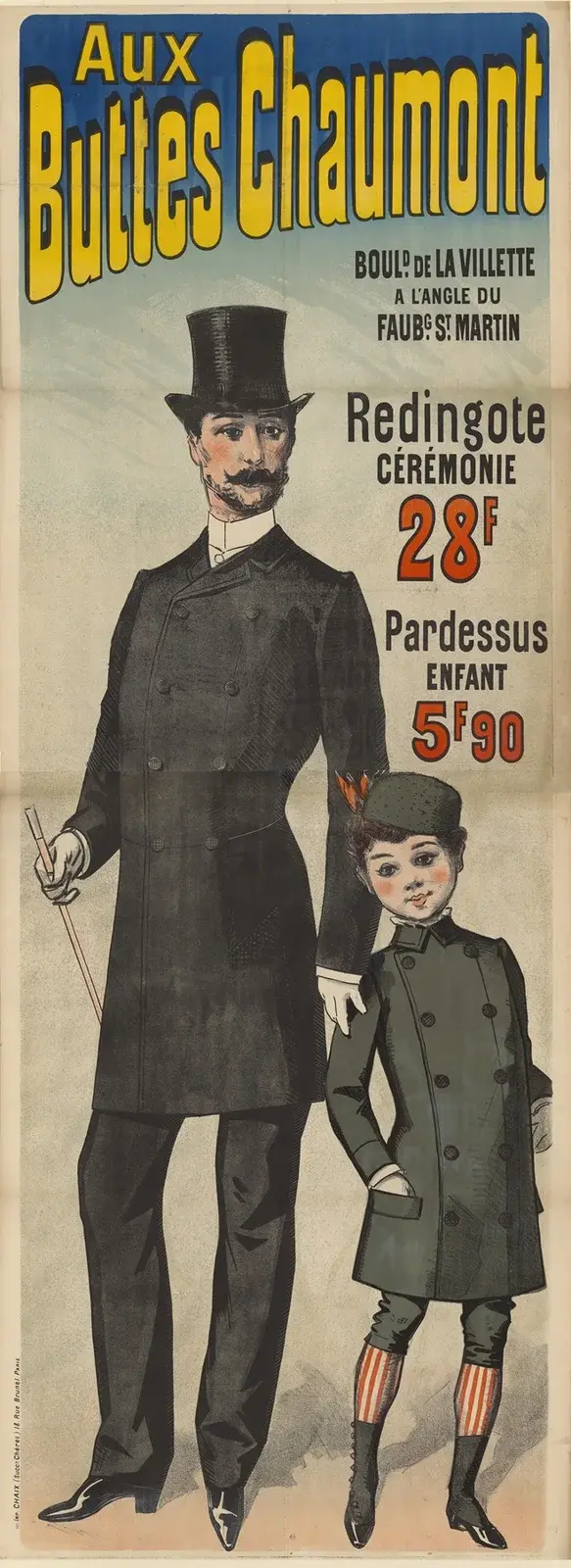 Aux Buttes Chaumont. Redingote céremonie 28 F. pardessus enfant 5 F90 av Jules Chéret