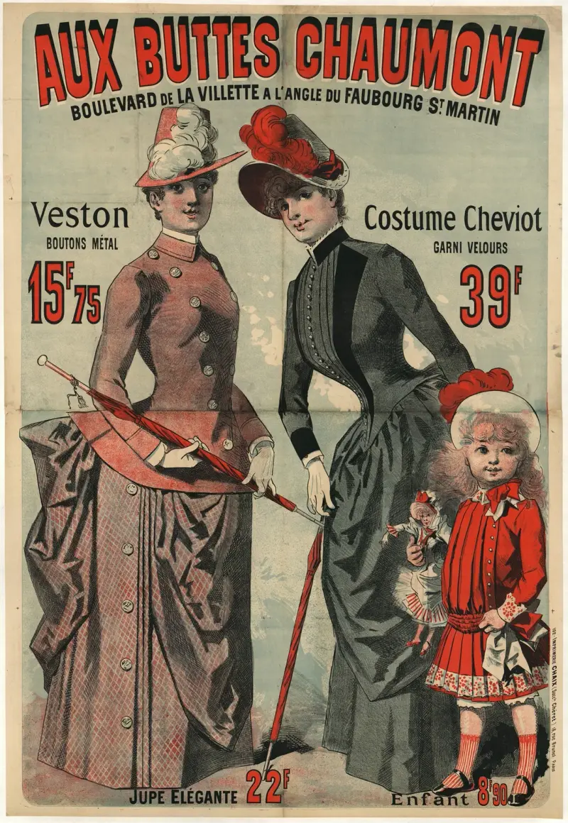 Aux Buttes Chaumont. Veston boutons métal 15f.75 – Costume cheviot garni velours av Jules Chéret