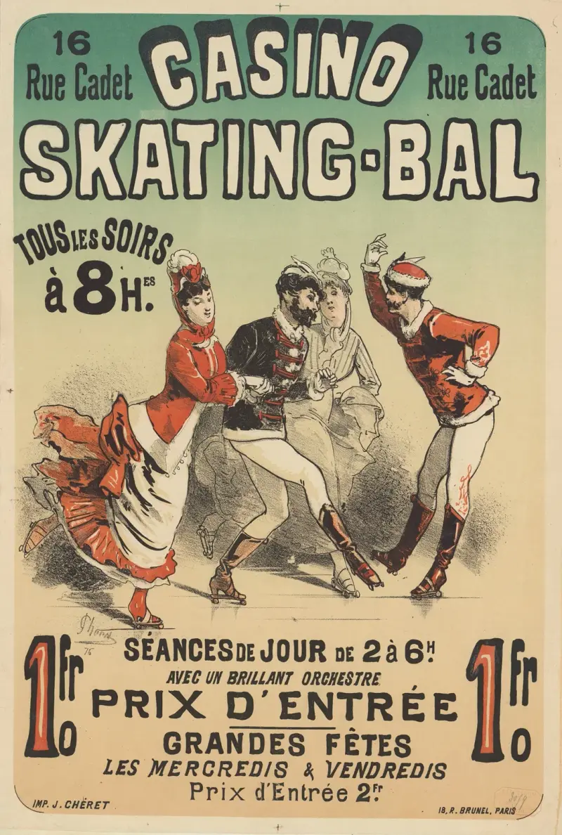 Casino 16 rue Cadet, skridskobal… Dagsessioner… med en lysande orkester… maj 1876 av Jules Chéret