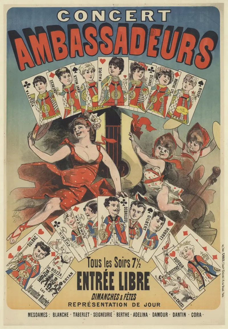 Concert Ambassadeurs. Tous les soirs 7 1,2 entrée libre av Jules Chéret