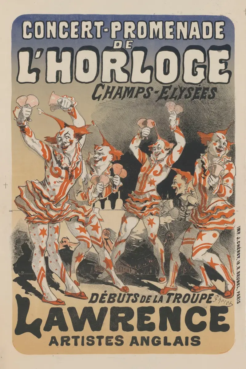 Concert-promenade de l’Horloge… Débuts de la troupe Lawrence, artistes anglais av Jules Chéret