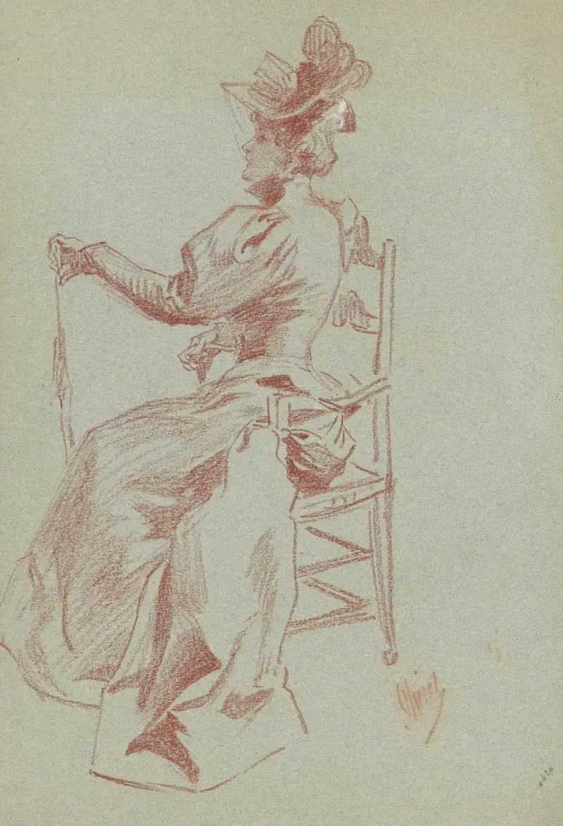 Elegant dam sittande på stol av Jules Chéret