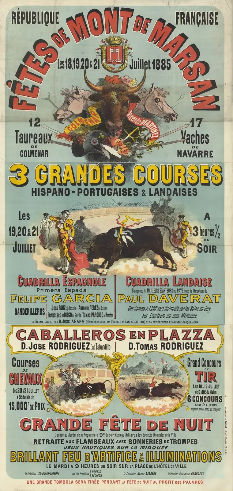 Fêtes de Mont de Marsan. Les 18, 19, 20 et 21 juillet 1885. 3 grandes courses de taureaux hispano-portugaises & landaises von Jules Chéret