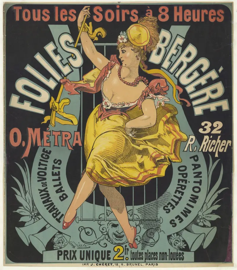 Folies-Bergère. O. Metra, 32 rue Richer: Pantomimen, Operetten, Voltige-Arbeiten von Jules Chéret