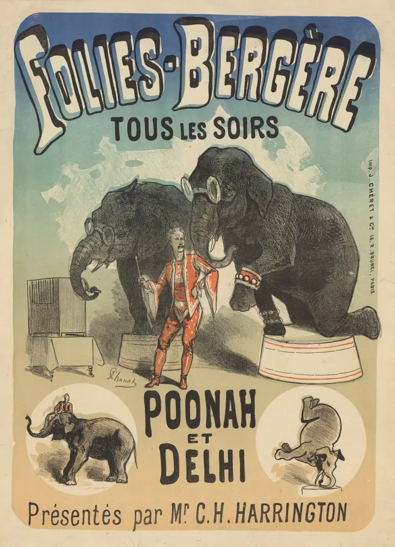 Folies Bergère… Poonah et Delhi, presenterade av Mr. C. H. Harrington av Jules Chéret
